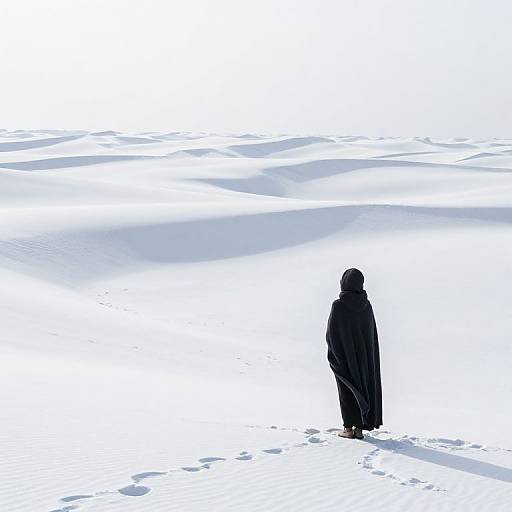 Photograph of a solitary figure in a black hooded cloak standing in deep snow, facing an expansive, white, snow-covered landscape.