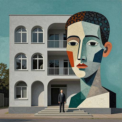 Photograph of a man in a black suit standing in front of a blue building with a large, stylized mural of a man's face. Art