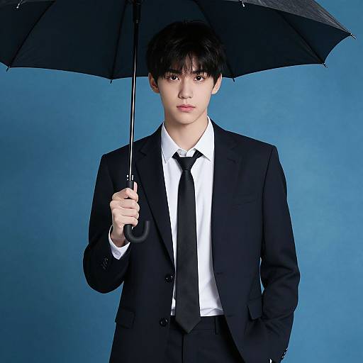 Photograph of a young Asian man with black hair, wearing a black suit, white shirt, and black tie, holding a black umbrella against a solid