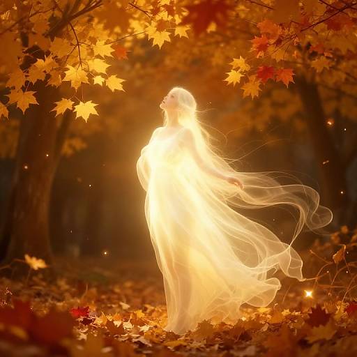 Photograph of a glowing, ethereal ghost with flowing, translucent white dress, surrounded by vibrant orange and red autumn leaves in a forest.
