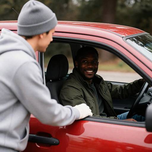 Two Friends in a Red Car Photograph