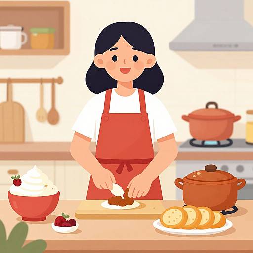 Cartoon woman with black hair, red apron, chopping meat on kitchen counter with bowl, tomatoes, bread slices, and pot in background.