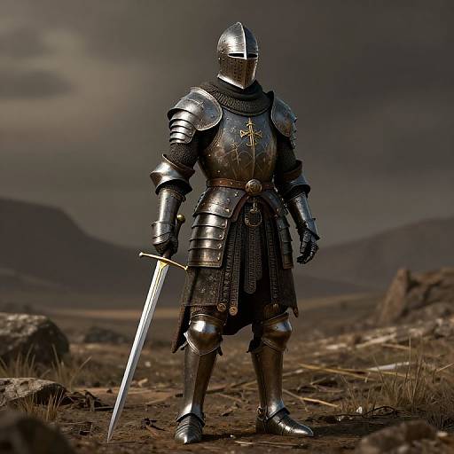 Photorealistic CGI of a medieval knight in shiny silver armor, holding a sword, standing on a rocky, grassy field under a cloudy sky.