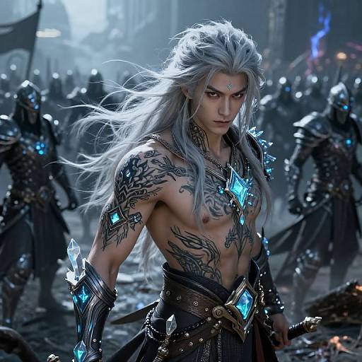 Digital artwork of a muscular, tattooed, silver-haired warrior with glowing blue crystals, shirtless, in a dark, misty battlefield surrounded by armored
