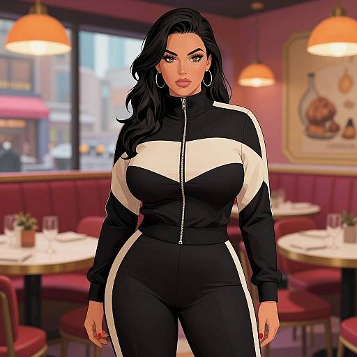 Digital art of a curvy woman with long black hair in a black and white zip-up tracksuit, standing in a cozy, pink-hued restaurant