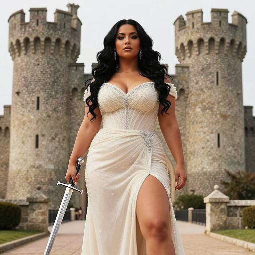 Photorealistic image of a curvy, dark-haired woman in a white, cleavage-revealing gown with a sword, standing in front of