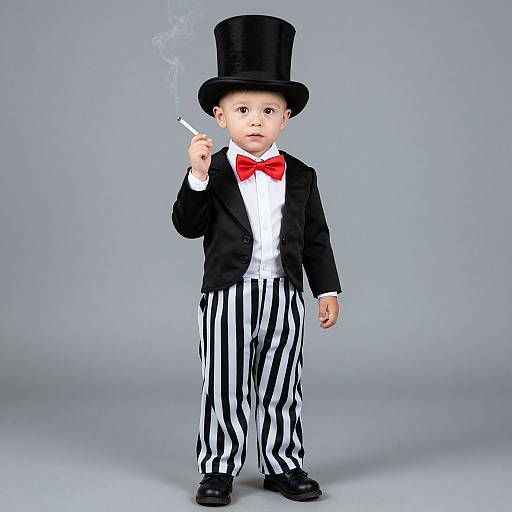 Photograph of a young child in black top hat, red bowtie, white shirt, black jacket, and black-and-white striped pants, smoking a