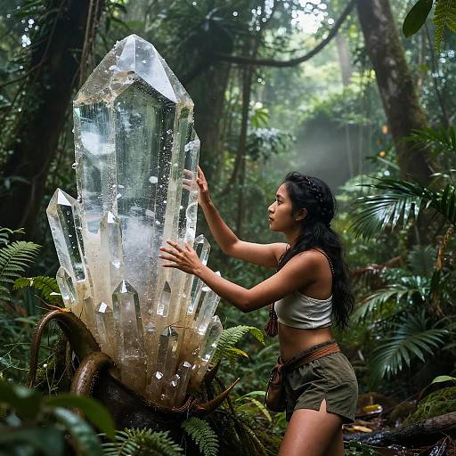 Photograph of a dark-haired woman in a white crop top and green shorts, touching a large, glowing crystal in a lush, misty forest.