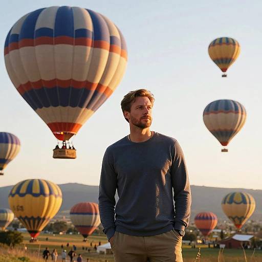 Man Poses Amid Hot Air Balloons