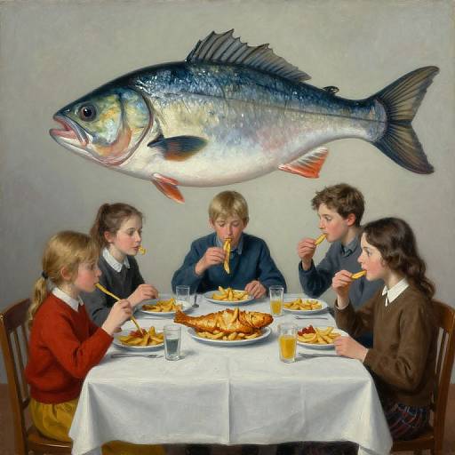 Oil painting of five children eating dinner at a table with a large, realistic fish hovering above them. They are eating fries and drinking orange juice.