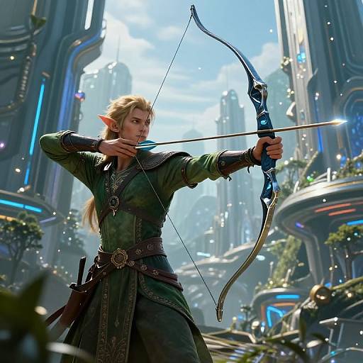 Elegant elf archer with blonde hair and pointed ears, drawing a blue bow in a futuristic, sci-fi cityscape. Digital artwork.