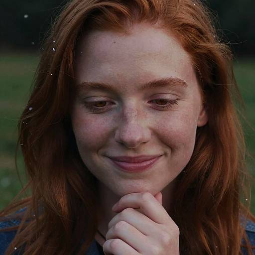 Close-up photograph of a smiling young woman with red hair, freckles, and light skin, gently resting her chin on her hand, outdoors with