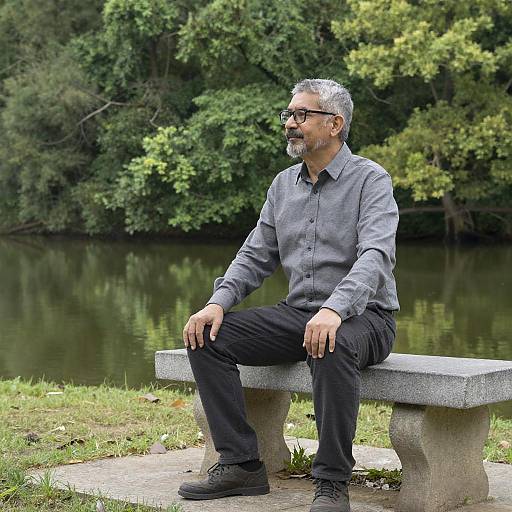 Man Sitting on Stone Bench by Lake