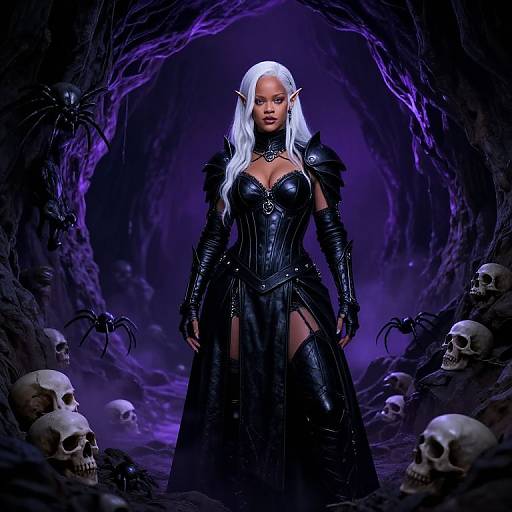 Digital fantasy artwork: Dark elf woman with white hair, black leather armor, and pointed ears stands in a cavern with purple lighting, surrounded by skulls and