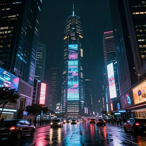 Photograph of a neon-lit, rainy urban night scene with a tall skyscraper in the center, surrounded by glowing billboards and reflections on wet