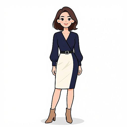 Digital illustration of a smiling woman with short brown hair, wearing a navy blue long-sleeve top, white skirt, black belt, and brown ankle