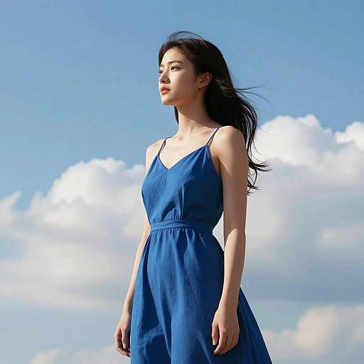 Cinematic Girl in Flowing Blue Dress