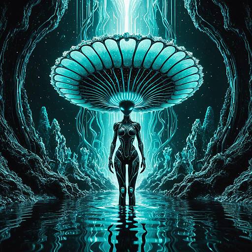 Futuristic Alien Landscape with Holographic Idol