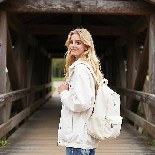 Young Woman Under Rustic Wooden Bridge