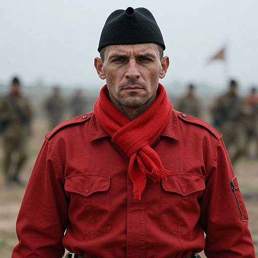 Photograph of a serious, middle-aged man in a red military uniform with a black beret and red scarf, standing in a blurry outdoor military setting