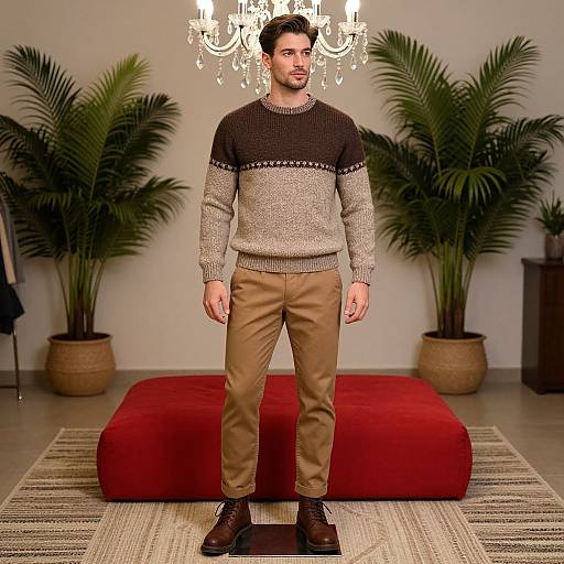 Photograph of a man with dark hair, brown and beige knit sweater, tan pants, brown boots, standing in front of a red bench, under