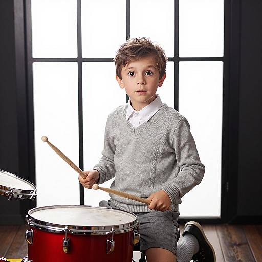 Boy Playing Red Drum with Drumsticks