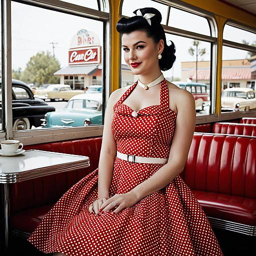 1950s Woman in Red Polka Dot Dress in Retro Diner