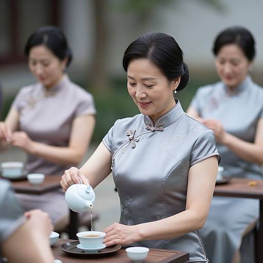 Photograph of three Asian women in grey, traditional Chinese qipao dresses, serving tea at an outdoor table, with a blurred background.