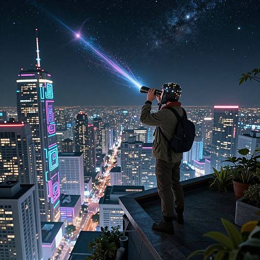 Nighttime cityscape photograph of a person with a backpack, helmet, and binoculars, shining a laser pointer into a starry sky, overlooking