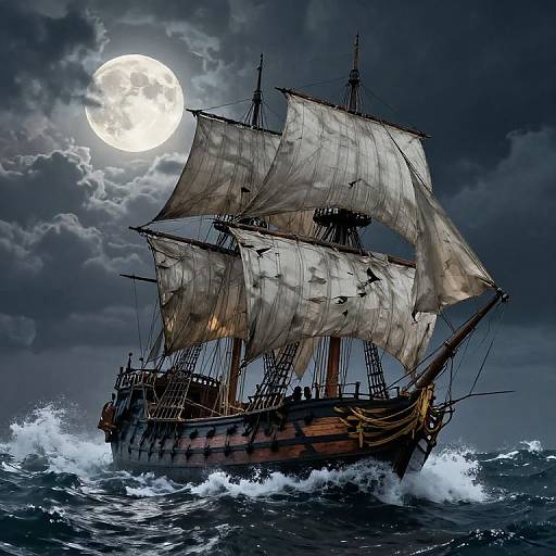 Photorealistic digital artwork of a wooden pirate ship with billowing sails under a bright full moon, crashing through rough ocean waves. Dark, cloudy night