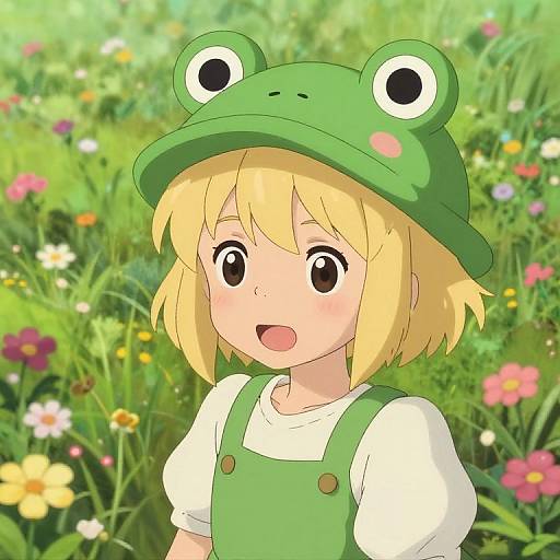 Anime-style digital drawing of a blonde girl with green frog hat, white shirt, and green overalls, smiling in a colorful, floral meadow.