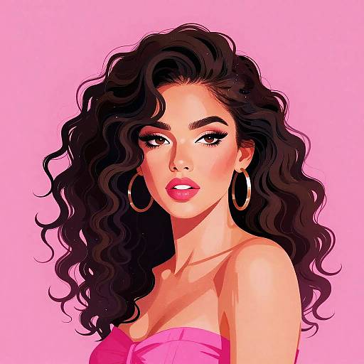 Digital illustration of a beautiful woman with long, wavy black hair, large hoop earrings, pink lipstick, and a strapless pink top, set against