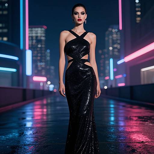 Photograph of a glamorous woman in a sequined black one-shoulder gown, standing confidently on a neon-lit, wet city street at night