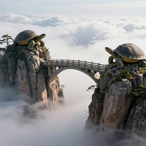 Fantastical CGI image of two giant turtles with shell domes perched on rocky cliffs, connected by a wooden arch bridge amidst misty clouds.