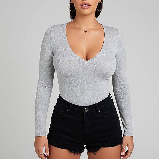 Photograph of a woman with light skin, black hair, wearing a gray long-sleeve V-neck top and black high-waisted denim shorts