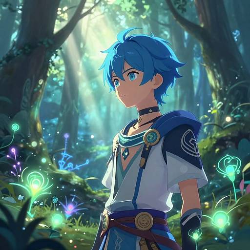 Anime-style digital drawing of a blue-haired, blue-eyed character in a forest, wearing a white shirt with blue armor and a choker, surrounded by