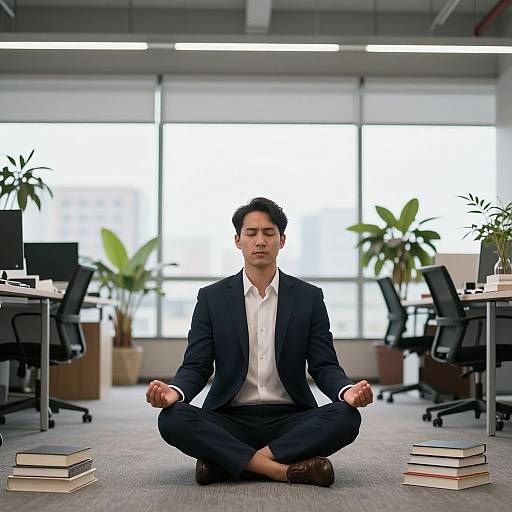 Photograph of an Asian man in a black suit, white shirt, cross-legged, meditating in an office with plants and books.