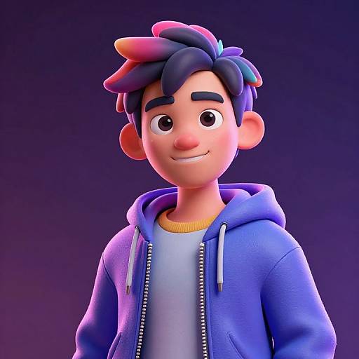 Digital 3D cartoon portrait of a smiling young boy with multicolored hair, wearing a blue hoodie and yellow shirt, against a purple gradient background