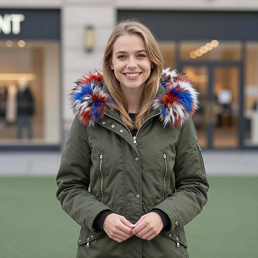 Smiling Young Woman in Colorful Parka
