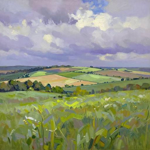 Impressionistic painting of a lush, rolling countryside with vibrant green fields, yellow patches, scattered trees, and a dramatic cloudy sky.
