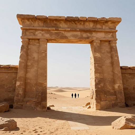 Photograph of ancient stone archway in sunlit desert, with two small, dark figures in the distance, casting long shadows.