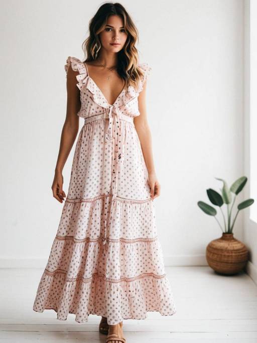 Woman in Romantic Bohemian Tiered Maxi Dress