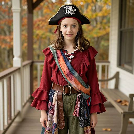 Photograph of a young girl with fair skin and brown hair, dressed as a pirate in a red shirt, black hat, and colorful sash,