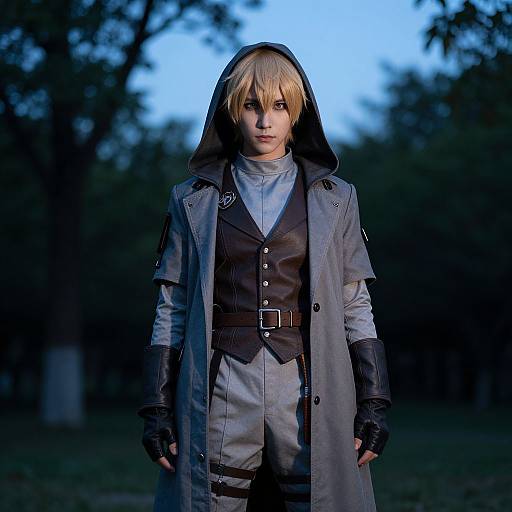 Photograph of a blonde cosplayer with serious expression, wearing a hooded gray coat, brown vest, and gloves, against a twilight forest background.