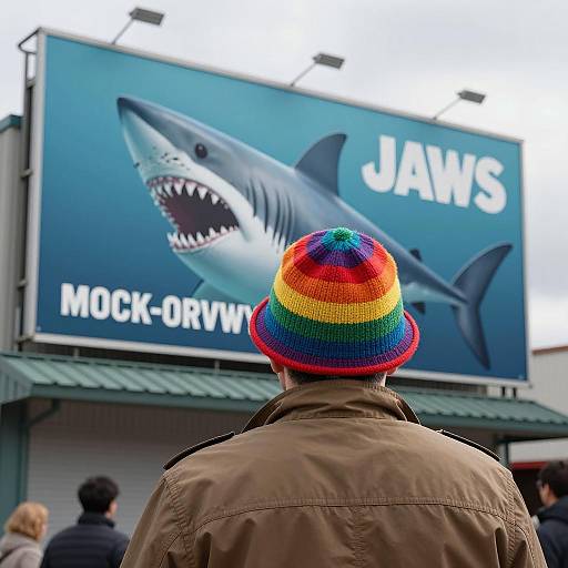 Person with Rainbow Hat in Front of Jaws Shark Billboard