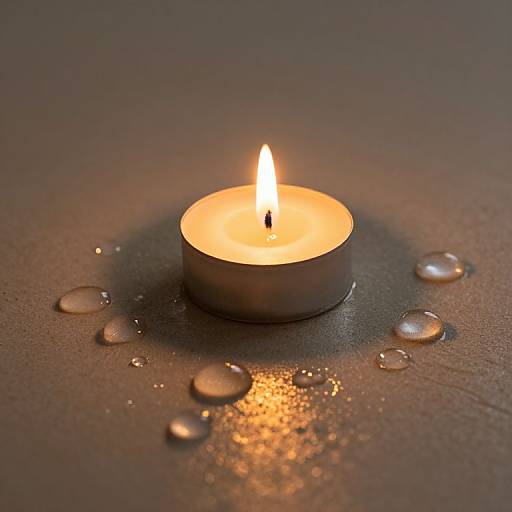 Photograph of a glowing tealight candle on a dark, textured surface with scattered water droplets, casting a warm, soft light.