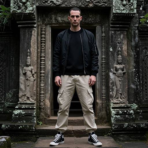 Man in Monochrome at Ancient Temple