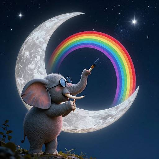 Whimsical Elephant Painting Moonlight Rainbows