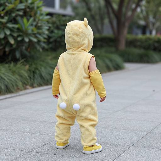 Photograph of a toddler in a yellow, Pikachu-inspired onesie with white pom-poms, yellow gloves, and yellow shoes, walking on a sidewalk
