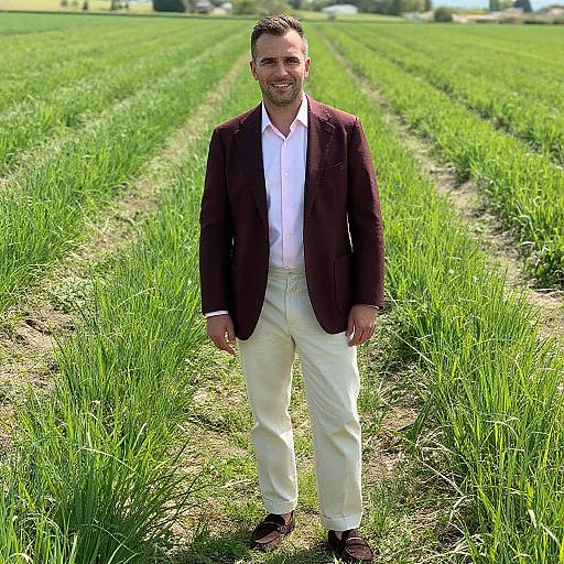Photograph of a bearded man with short brown hair, wearing a burgundy blazer, white shirt, beige pants, and brown shoes, standing